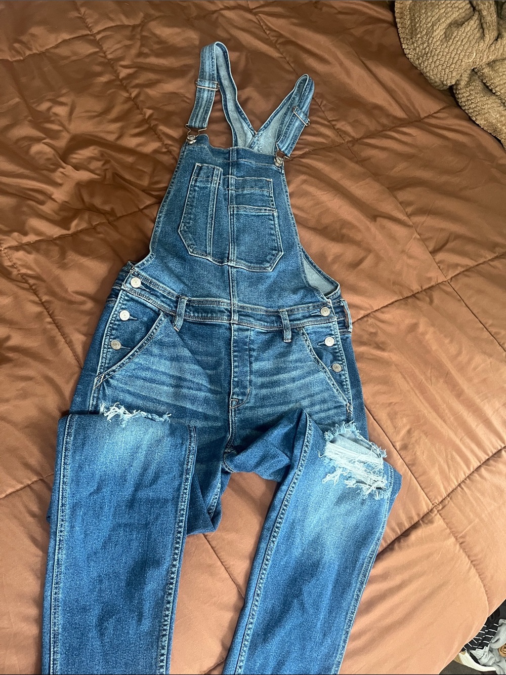 American Eagle Outfitters Distressed Blue Denim Overalls